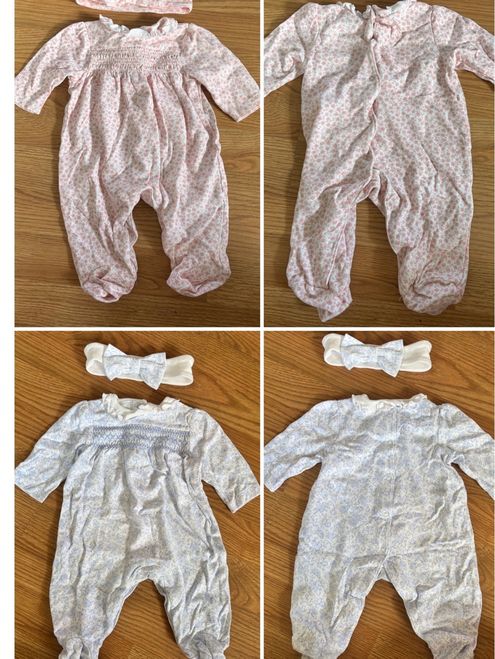 Baby Girl Floral Smocked Long-Sleeve One-Piece Romper - Pink and Blue